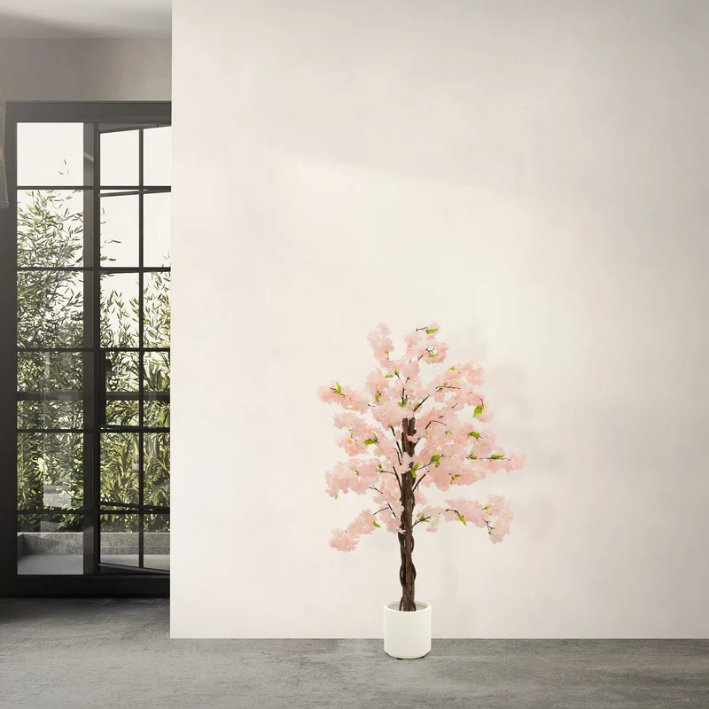 Künstlicher Kirschbaum 120 cm Kunstpflanze mit Naturholzstamm im Topf ML-Design