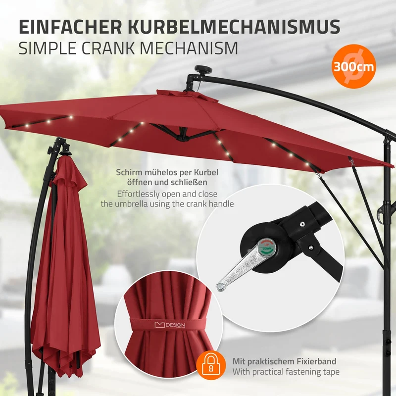 Ampelschirm Ø 300 cm mit LED Solar, Rot 360° Alu Sonnenschirm mit Kurbel, Abdeckung & Ständer ML-Design
