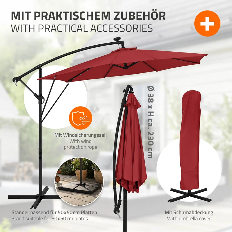Ampelschirm Ø 300 cm mit LED Solar, Rot 360° Alu Sonnenschirm mit Kurbel, Abdeckung & Ständer ML-Design