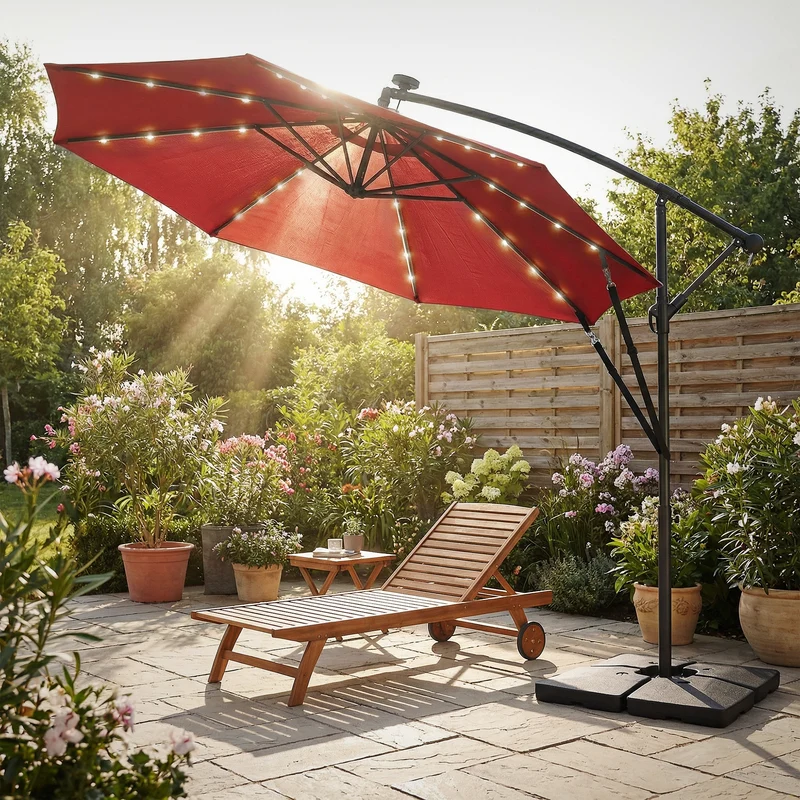 Ampelschirm Ø 300 cm mit LED Solar, Rot 360° Alu Sonnenschirm mit Kurbel, Abdeckung & Ständer ML-Design