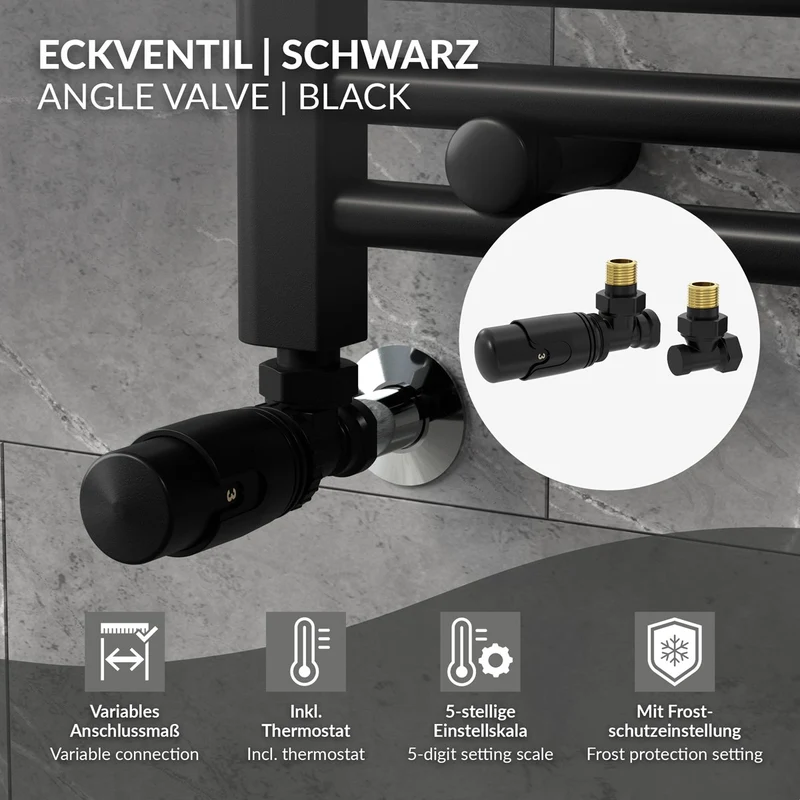 Thermostatventil + Rücklaufverschraubung für Heizkörper Schwarz 1/2" Eckform Thermostatkopf LuxeBath