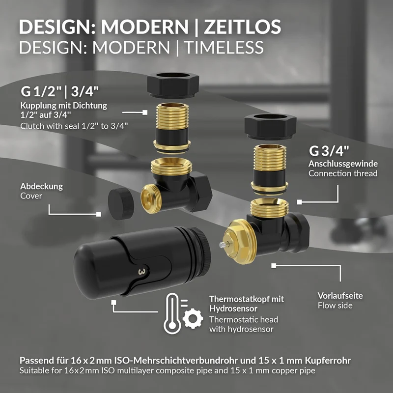 Thermostatventil + Rücklaufverschraubung für Heizkörper Schwarz 1/2" Eckform Thermostatkopf LuxeBath