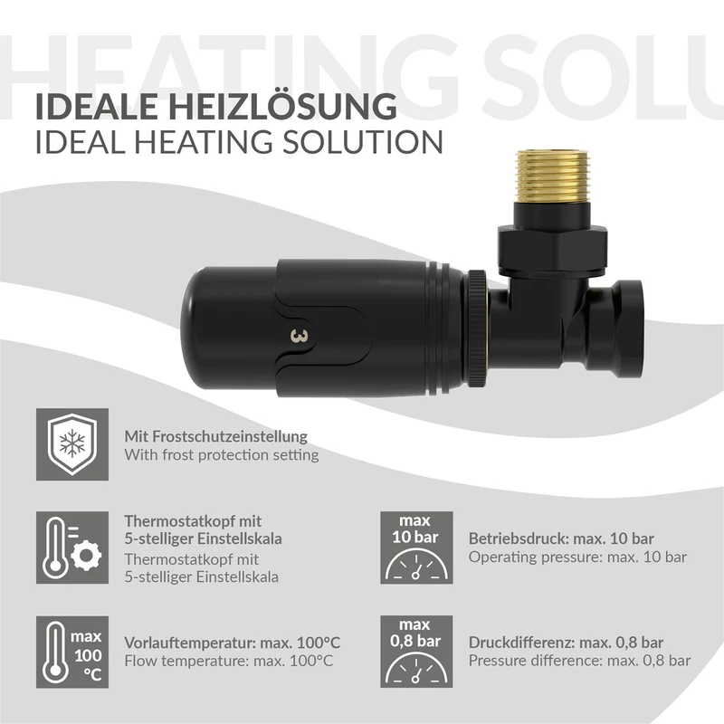 Thermostatventil + Rücklaufverschraubung für Heizkörper Schwarz 1/2" Eckform Thermostatkopf LuxeBath