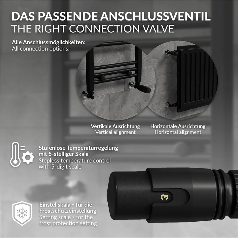 Thermostatventil + Rücklaufverschraubung für Heizkörper Schwarz 1/2" Eckform Thermostatkopf LuxeBath