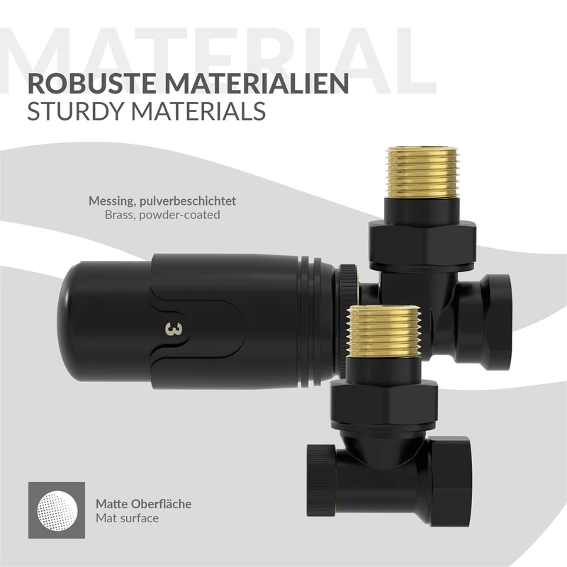 Thermostatventil + Rücklaufverschraubung für Heizkörper Schwarz 1/2" Eckform Thermostatkopf LuxeBath