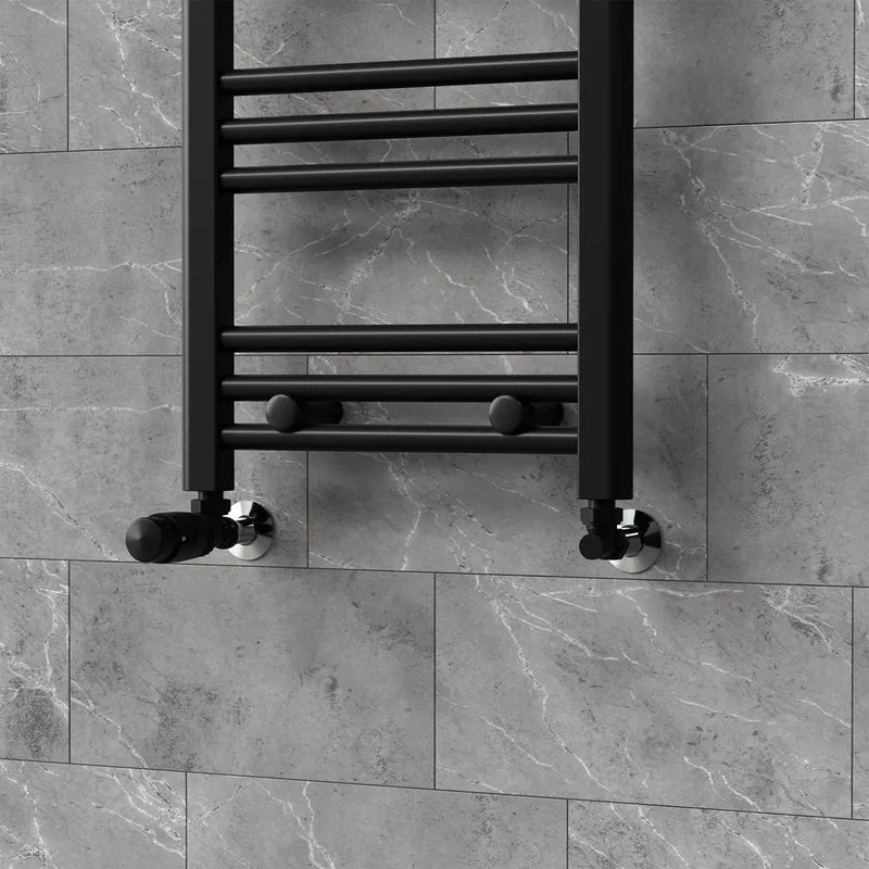 Thermostatventil + Rücklaufverschraubung für Heizkörper Schwarz 1/2" Eckform Thermostatkopf LuxeBath