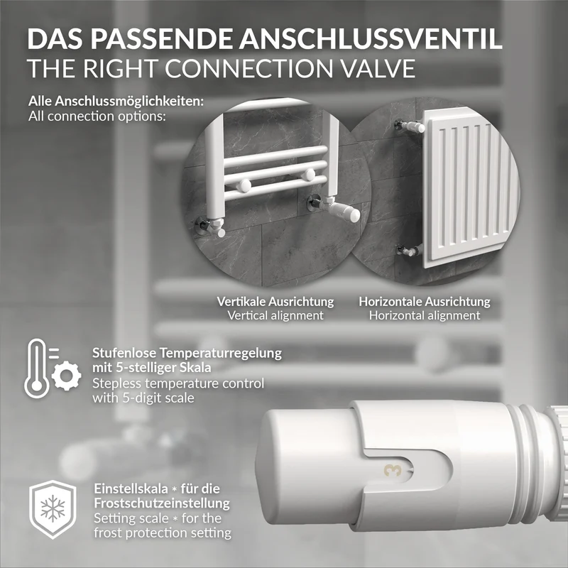Thermostatventil + Rücklaufverschraubung für Heizkörper Weiß 1/2" Eckform Thermostatkopf LuxeBath