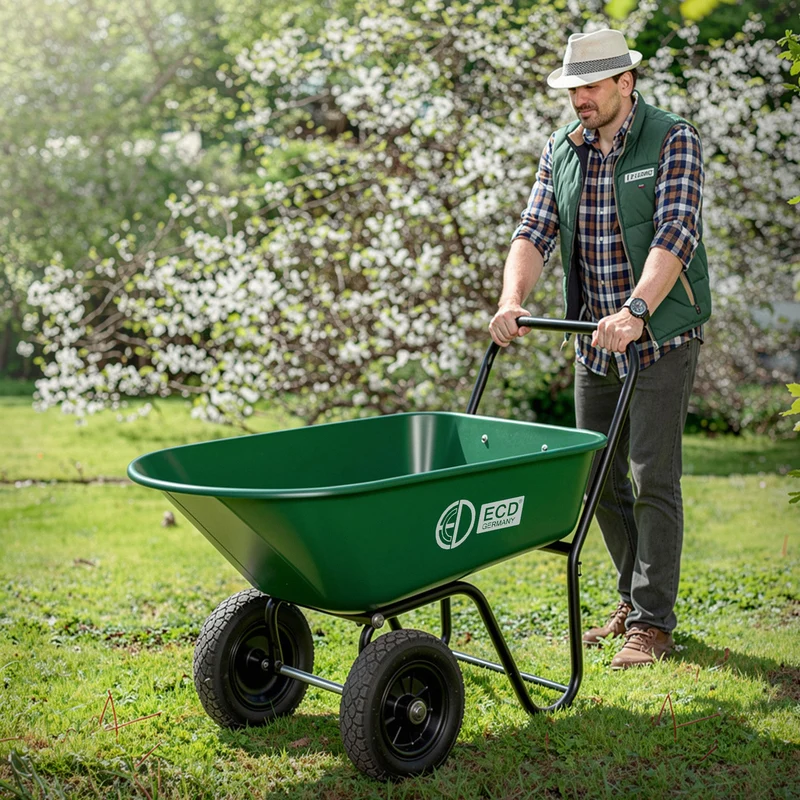 Schubkarrenwagen 78L, Gartenkarre mit Kippfunktion, Bauschubkarre mit Stahlrahmen, 2x PU-Reifen & PP-Wanne, 100 kg Tragkraft