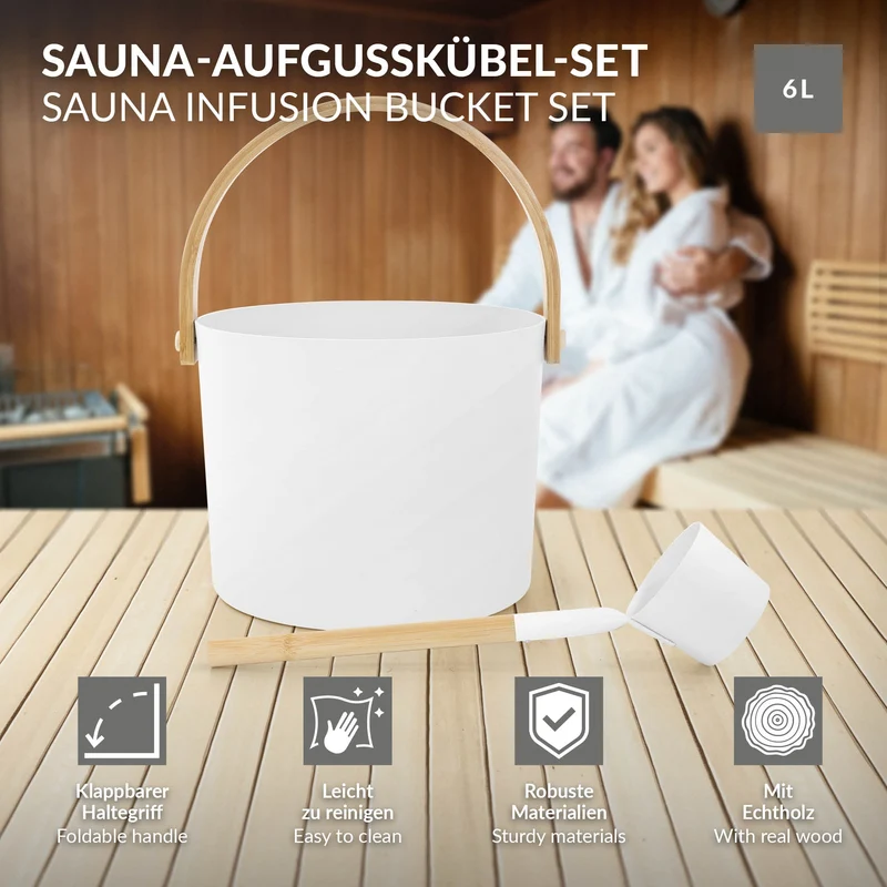2-teilig Saunazubehör-Set aus Aluminium & Bambus, Weiß, 6L Aufgusskübel mit klappbarem Griff & Schöpfkelle LuxeBath