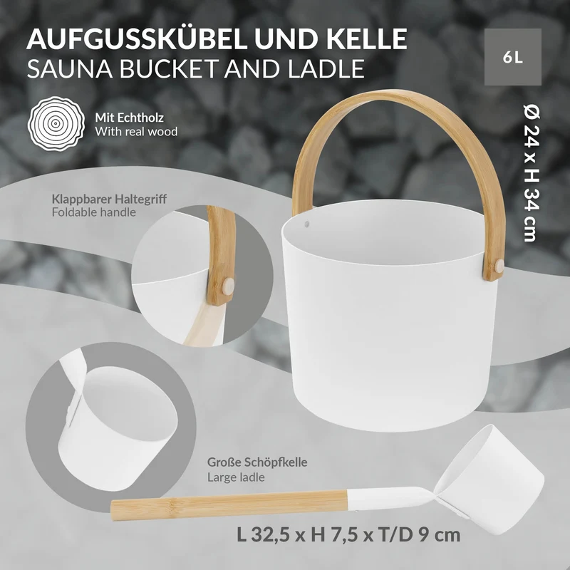 2-teilig Saunazubehör-Set aus Aluminium & Bambus, Weiß, 6L Aufgusskübel mit klappbarem Griff & Schöpfkelle LuxeBath