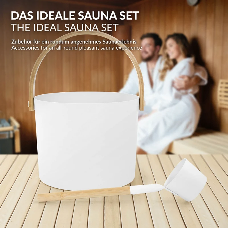 2-teilig Saunazubehör-Set aus Aluminium & Bambus, Weiß, 6L Aufgusskübel mit klappbarem Griff & Schöpfkelle LuxeBath