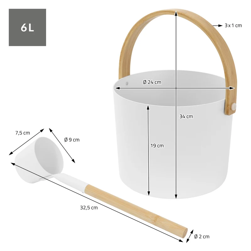 2-teilig Saunazubehör-Set aus Aluminium & Bambus, Weiß, 6L Aufgusskübel mit klappbarem Griff & Schöpfkelle LuxeBath