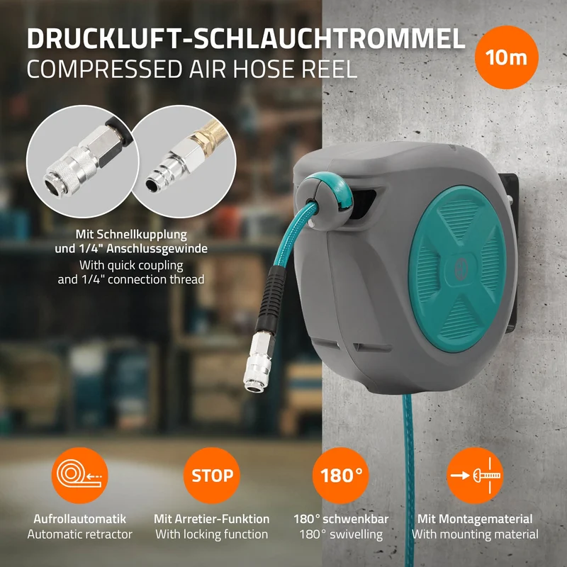 Druckluft Schlauchtrommel Automatik 10 m 1/4" Anschluss für Wandmontage