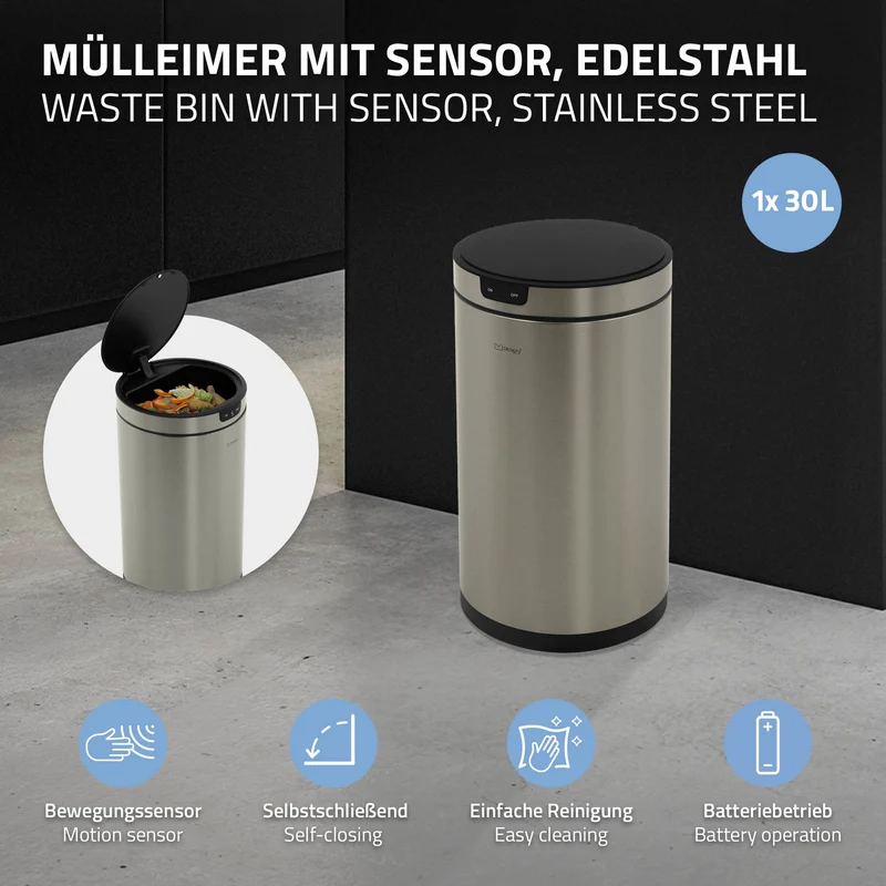 Mülleimer mit Sensor 30L rund aus Edelstahl, Silber, Automatisches Öffnen & Schließen ML-Design