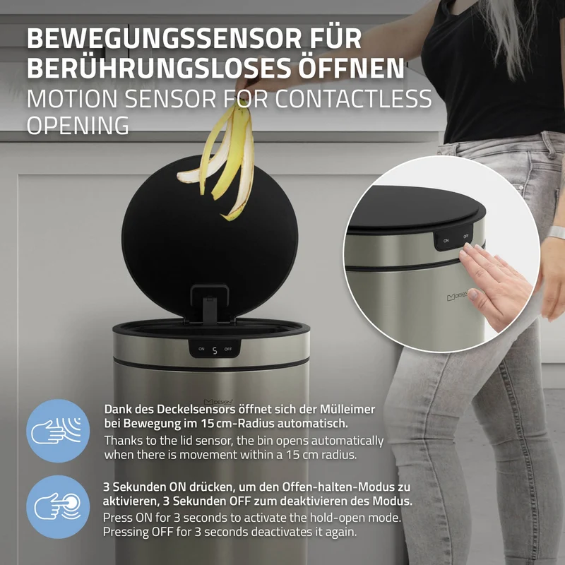 Mülleimer mit Sensor 30L rund aus Edelstahl, Silber, Automatisches Öffnen & Schließen ML-Design