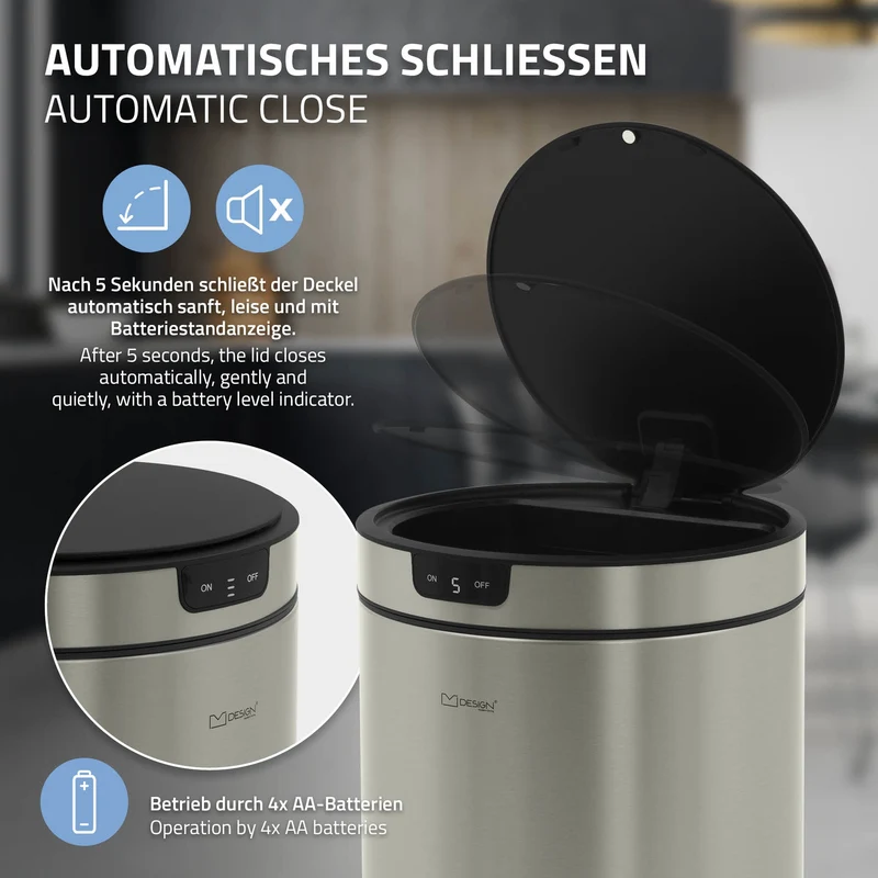 Mülleimer mit Sensor 30L rund aus Edelstahl, Silber, Automatisches Öffnen & Schließen ML-Design