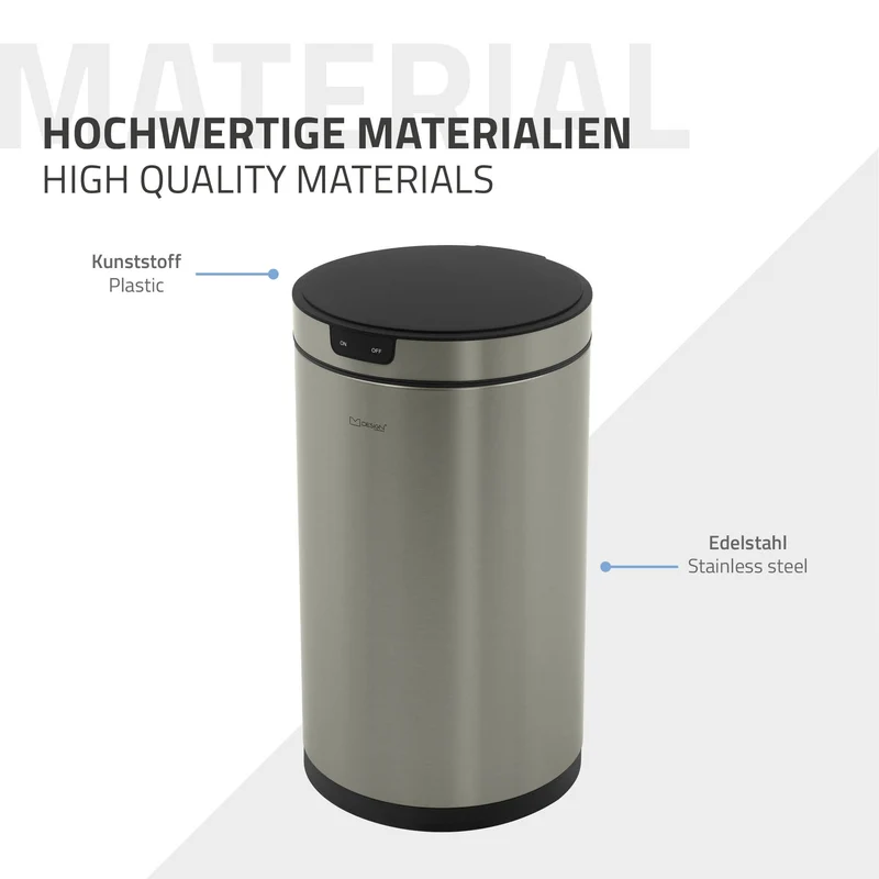Mülleimer mit Sensor 30L rund aus Edelstahl, Silber, Automatisches Öffnen & Schließen ML-Design
