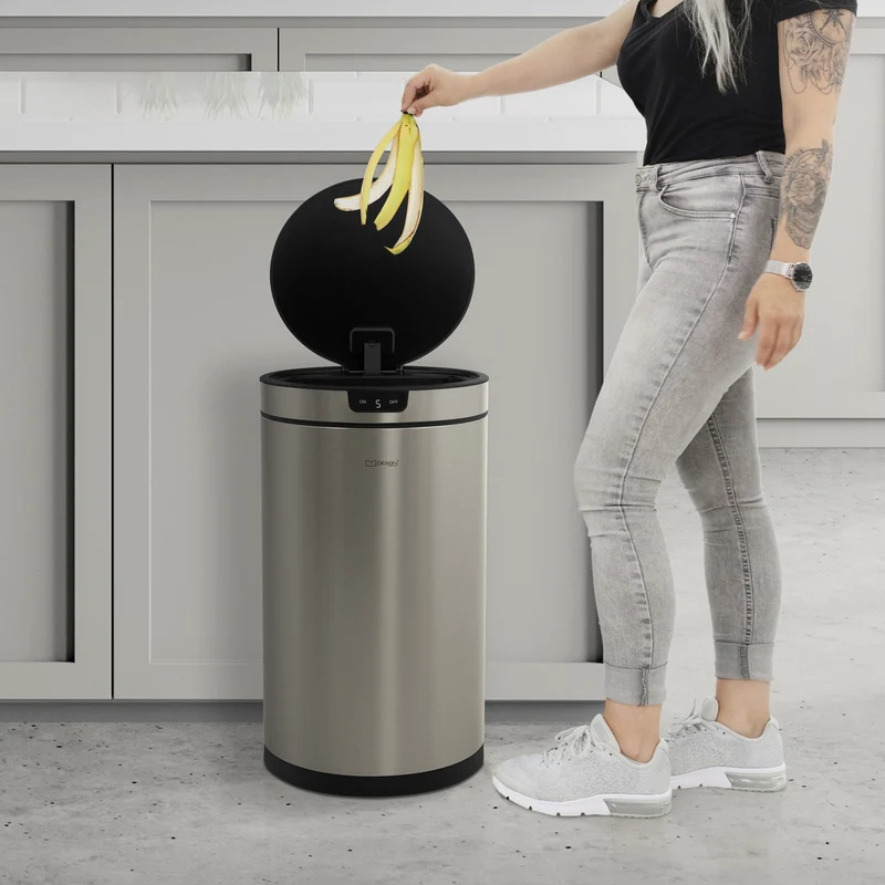 Mülleimer mit Sensor 30L rund aus Edelstahl, Silber, Automatisches Öffnen & Schließen ML-Design