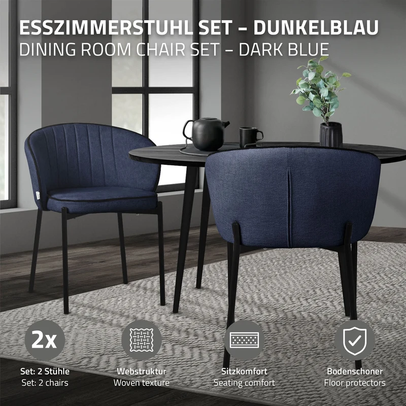 2er Set Esszimmerstühle mit Rücken- & Armlehne Dunkelblau mit Metallbeinen bis 120 kg ML-Design