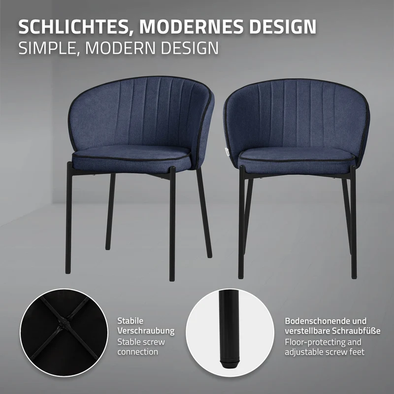 2er Set Esszimmerstühle mit Rücken- & Armlehne Dunkelblau mit Metallbeinen bis 120 kg ML-Design