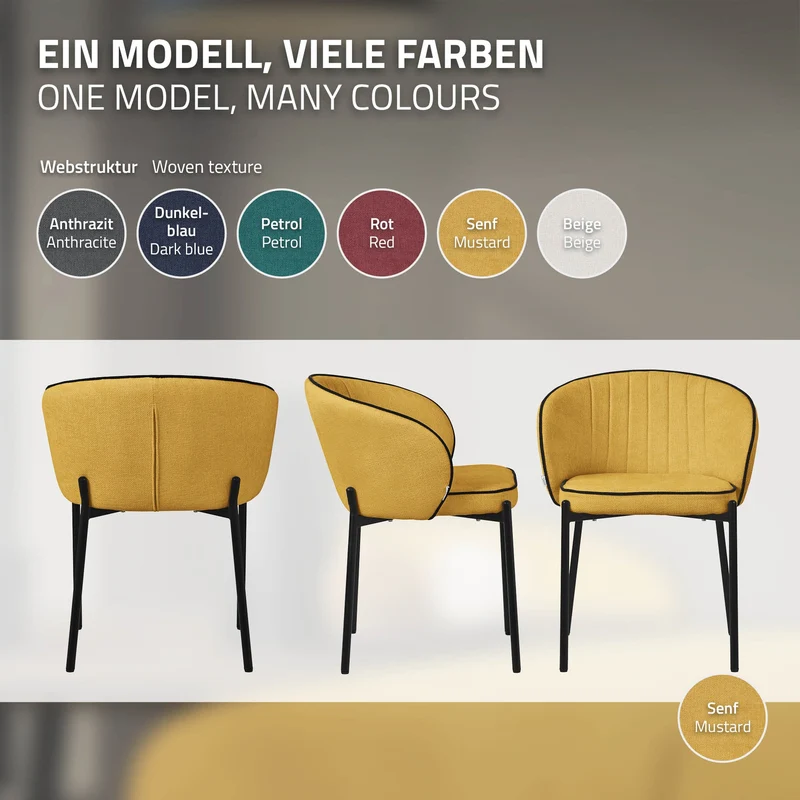 2er Set Esszimmerstühle mit Rücken- & Armlehne Senf mit Metallbeinen bis 120 kg ML-Design