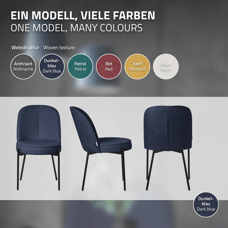 Esszimmerstühle 2er Set Dunkelblau mit Rückenlehne, Polsterstühle für Esszimmer & Küche ML-Design