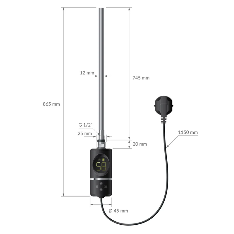 Elektrischer Badheizkörper mit Heizstab 1200W 400x1500 mm Schwarz matt gebogen Seitenanschluss & Thermostat Digitalanzeige LuxeBath