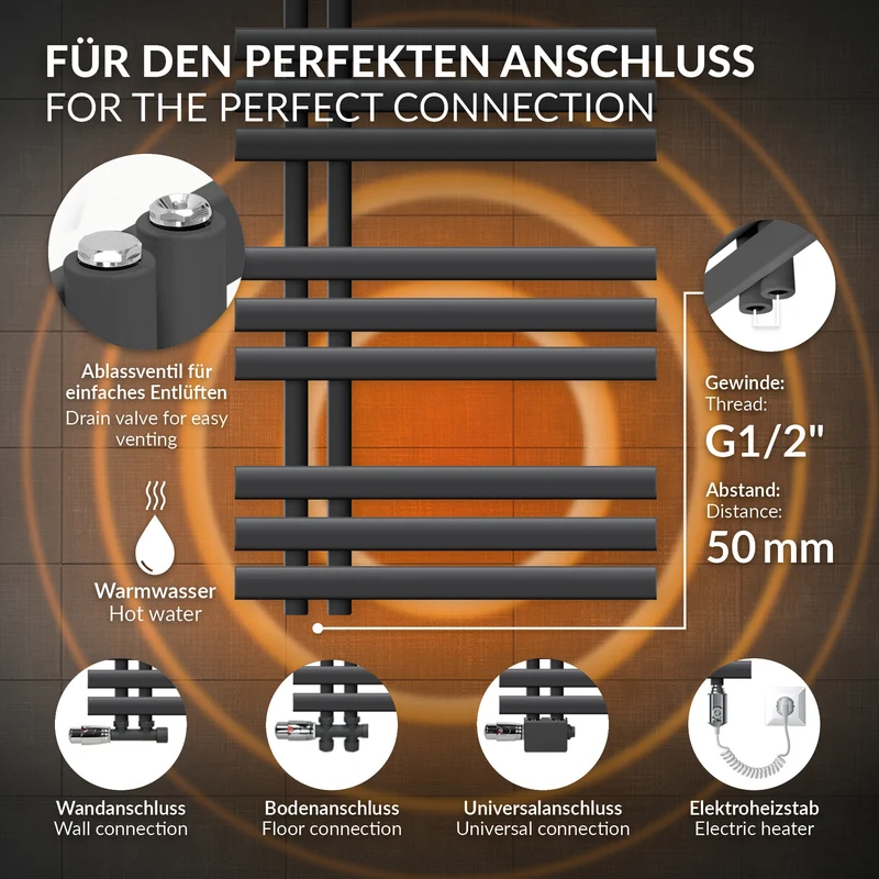 Badheizkörper Mittelanschluss 600x1000 mm Anthrazit mit Heizstab 300W LuxeBath