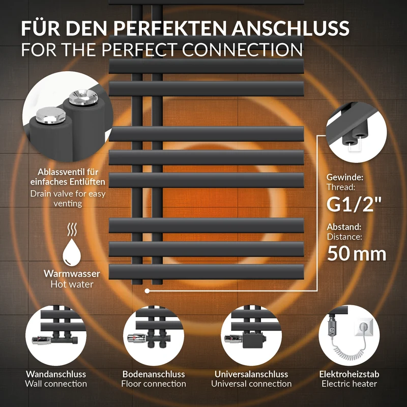 Badheizkörper Mittelanschluss 500x1400 mm Anthrazit mit Heizstab 1200W LuxeBath
