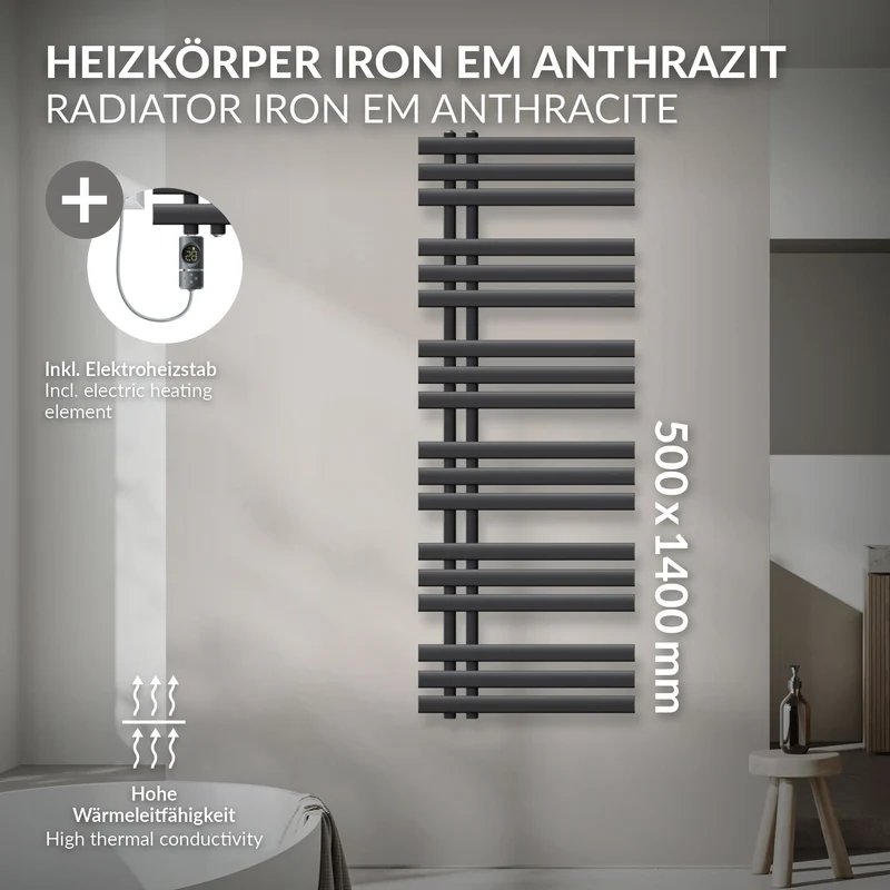 Badheizkörper Mittelanschluss 500x1400 mm Anthrazit mit Heizstab 900W LuxeBath