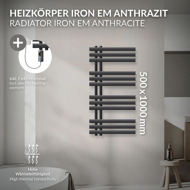 Badheizkörper Mittelanschluss 500x1000 mm Anthrazit mit Heizstab 300W LuxeBath