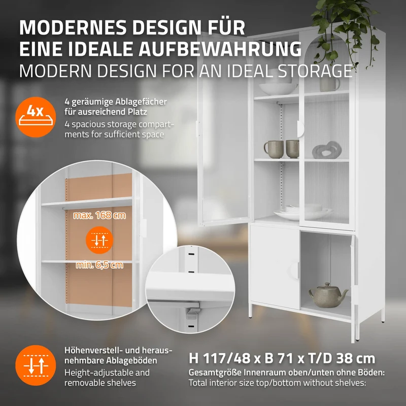 Vitrinenschrank 80x185x40 cm Weiß mit 4 Ablage-/Regalfächer & 4 Türen Vitrine aus Stahl ML-Design