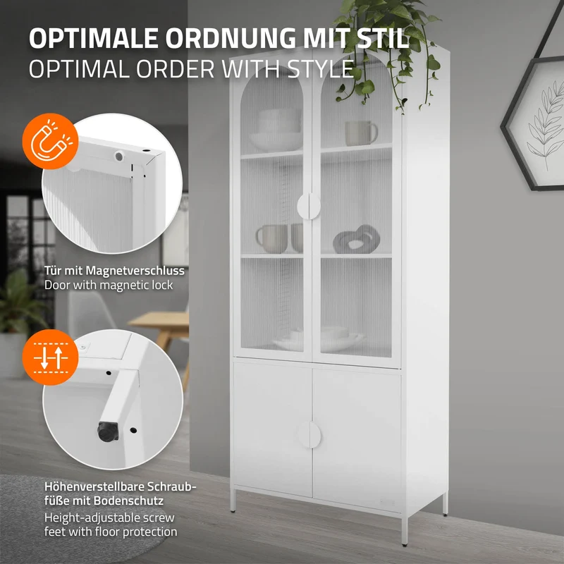 Vitrinenschrank 80x185x40 cm Weiß mit 4 Ablage-/Regalfächer & 4 Türen Vitrine aus Stahl ML-Design