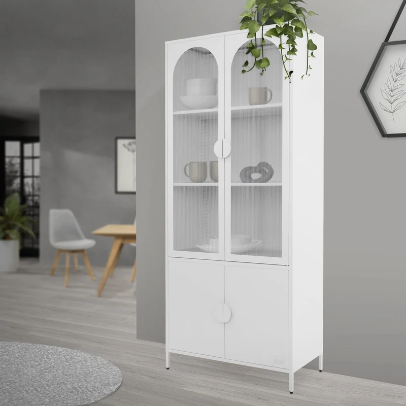 Vitrinenschrank 80x185x40 cm Weiß mit 4 Ablage-/Regalfächer & 4 Türen Vitrine aus Stahl ML-Design