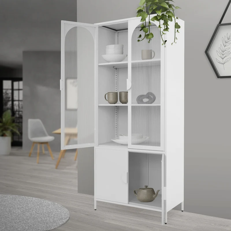 Vitrinenschrank 80x185x40 cm Weiß mit 4 Ablage-/Regalfächer & 4 Türen Vitrine aus Stahl ML-Design