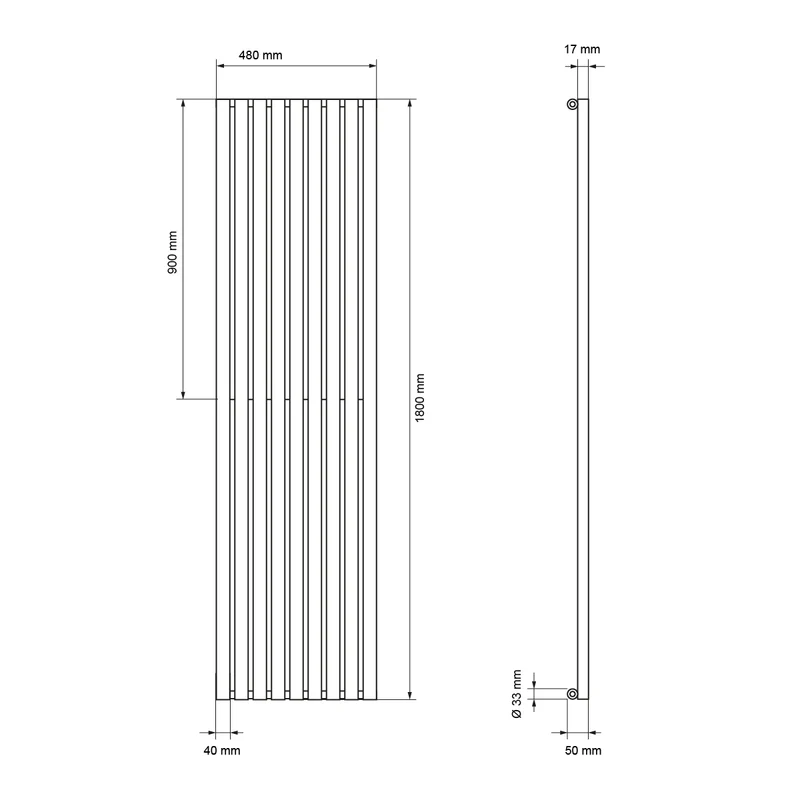 Badheizkörper Mittelanschluss 480x1800 mm Weiß mit Universal Thermostatventil LuxeBath