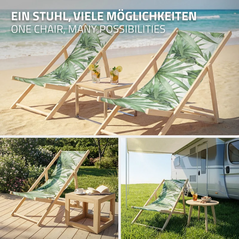 2er Set Gartenliege aus Holz in Palme Grün-Weiß klappbarer Beachstuhl Strandstuhl Strandliege Liegestuhl Sonnenliege Relaxliege