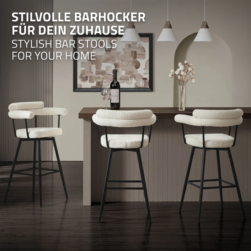 4er Set Barhocker 360° drehbar Beige 61x103x55 cm mit Arm-, Rückenlehne und Fußstütze bis 120 kg ML-Design