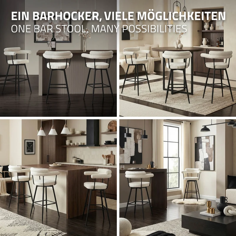 4er Set Barhocker 360° drehbar Beige 61x103x55 cm mit Arm-, Rückenlehne und Fußstütze bis 120 kg ML-Design