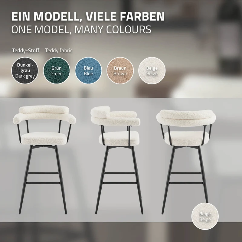 4er Set Barhocker 360° drehbar Beige 61x103x55 cm mit Arm-, Rückenlehne und Fußstütze bis 120 kg ML-Design
