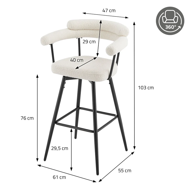 4er Set Barhocker 360° drehbar Beige 61x103x55 cm mit Arm-, Rückenlehne und Fußstütze bis 120 kg ML-Design