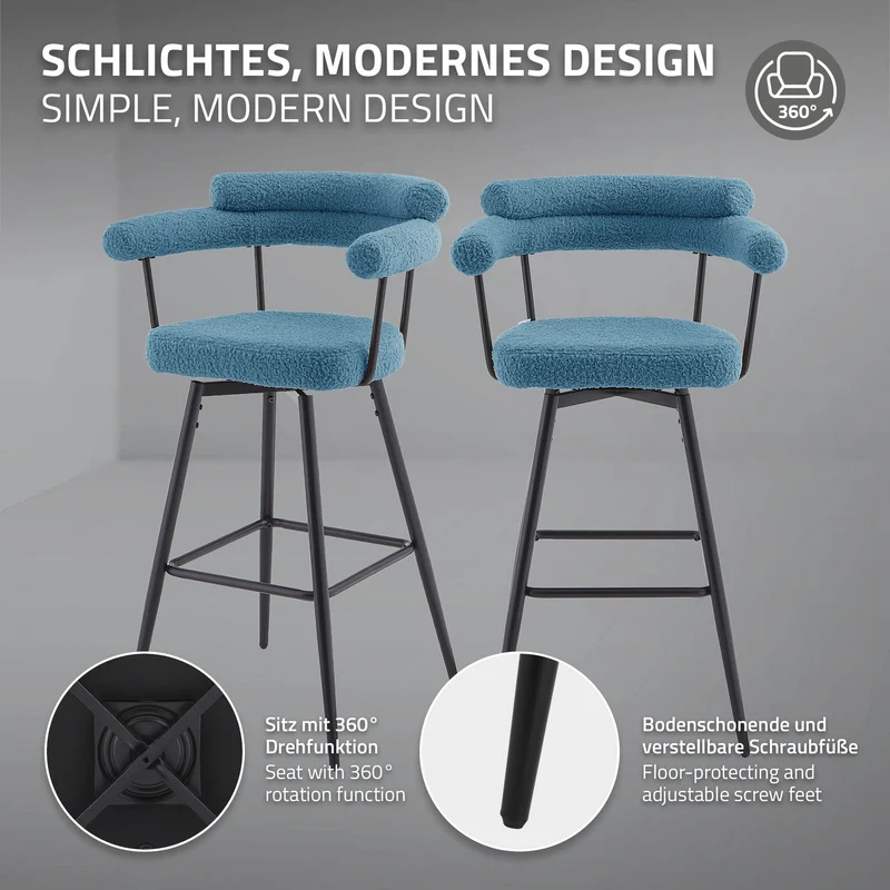 4er Set Barhocker 360° drehbar Blau 61x103x55 cm mit Arm-, Rückenlehne und Fußstütze bis 120 kg ML-Design