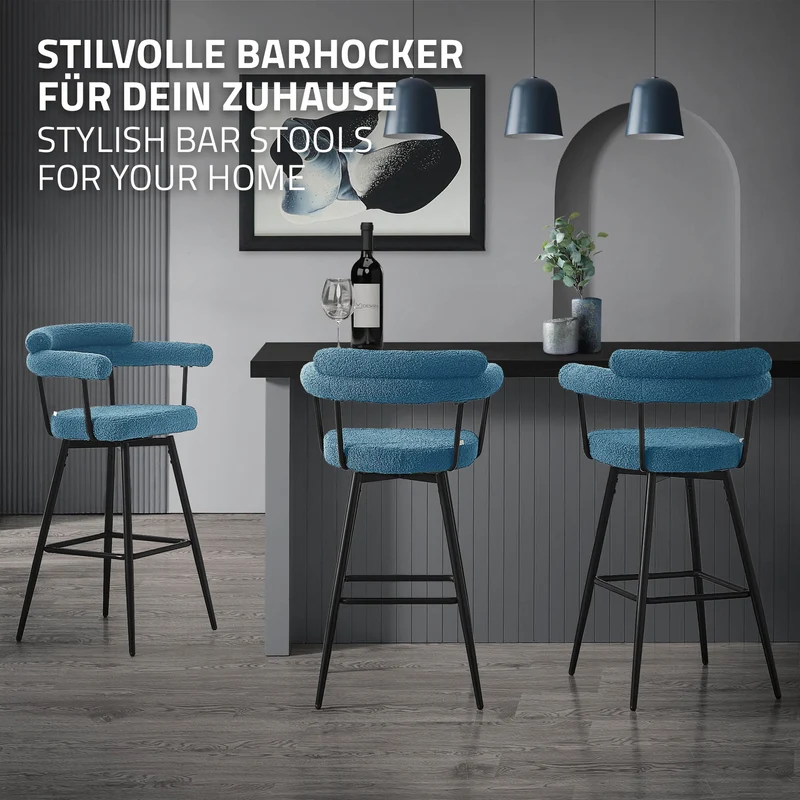 4er Set Barhocker 360° drehbar Blau 61x103x55 cm mit Arm-, Rückenlehne und Fußstütze bis 120 kg ML-Design