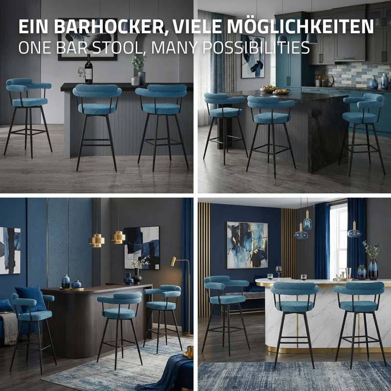 4er Set Barhocker 360° drehbar Blau 61x103x55 cm mit Arm-, Rückenlehne und Fußstütze bis 120 kg ML-Design