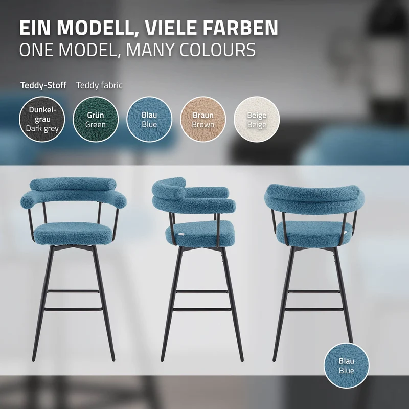 4er Set Barhocker 360° drehbar Blau 61x103x55 cm mit Arm-, Rückenlehne und Fußstütze bis 120 kg ML-Design
