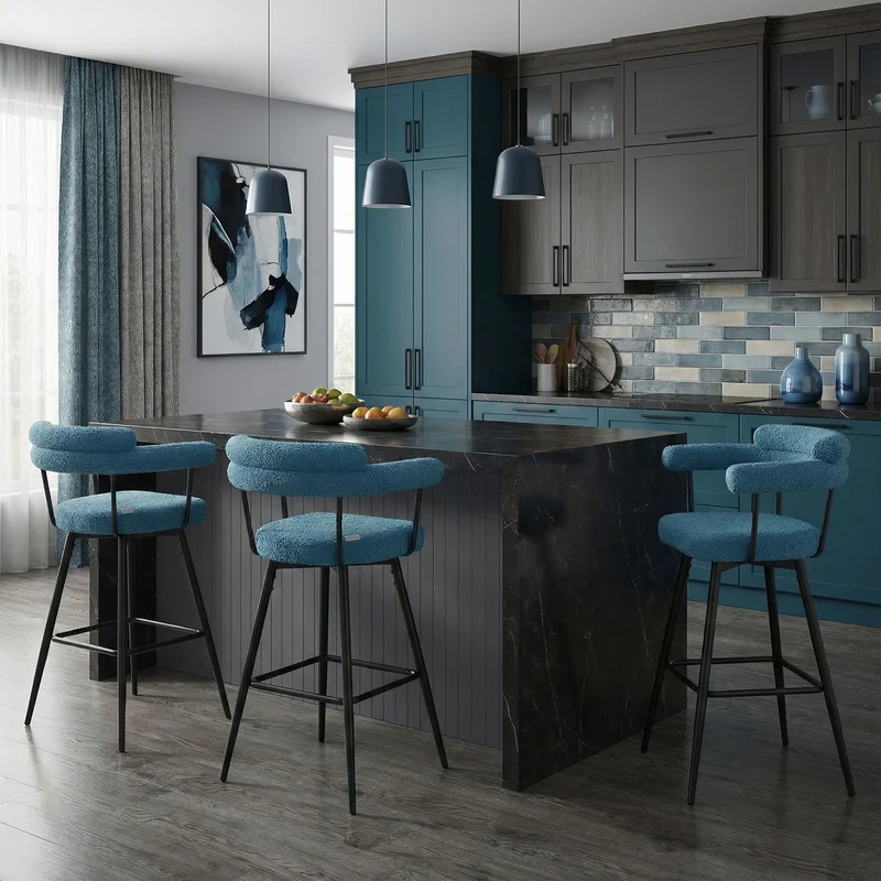4er Set Barhocker 360° drehbar Blau 61x103x55 cm mit Arm-, Rückenlehne und Fußstütze bis 120 kg ML-Design