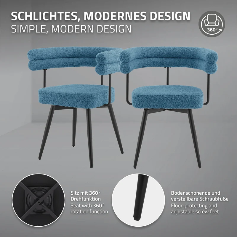 4er Set Esszimmerstühle 360° drehbar in Blau Teddy-Stoff mit Arm- und Rückenlehnen Küchenstuhl ML-Design