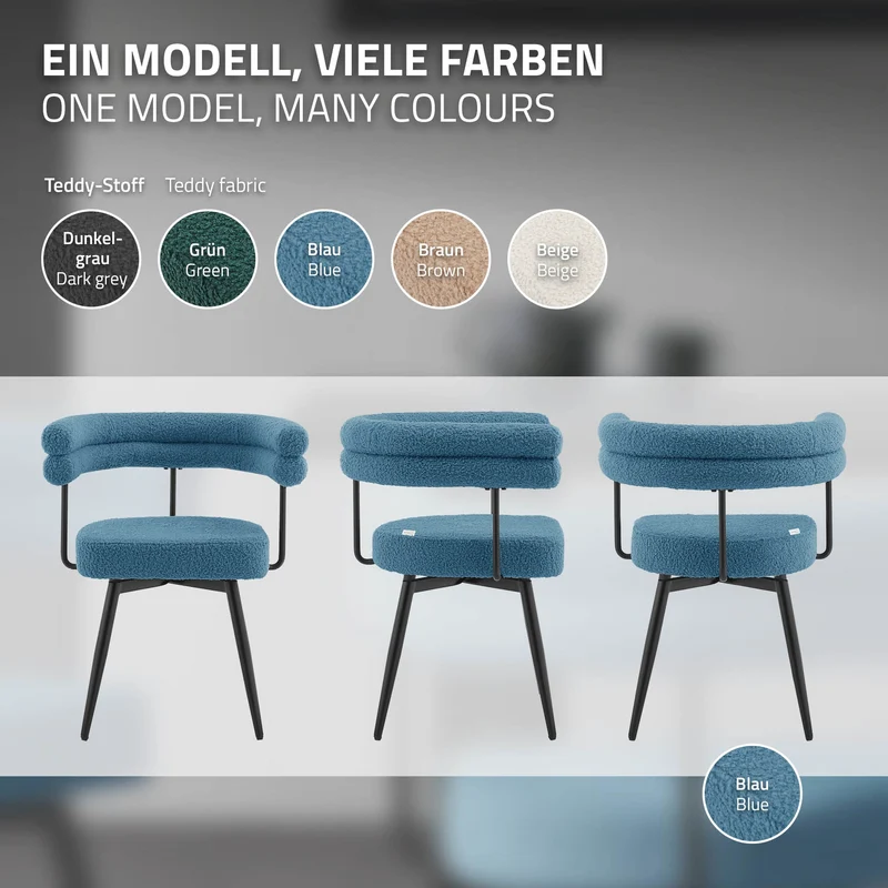 4er Set Esszimmerstühle 360° drehbar in Blau Teddy-Stoff mit Arm- und Rückenlehnen Küchenstuhl ML-Design