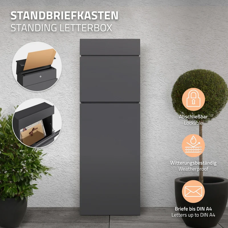 B-Ware Standbriefkasten freistehend bis DIN A4 115 cm hoch Anthrazit aus rostfreiem Stahl ML-Design