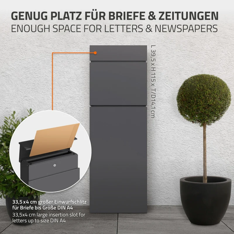 B-Ware Standbriefkasten freistehend bis DIN A4 115 cm hoch Anthrazit aus rostfreiem Stahl ML-Design